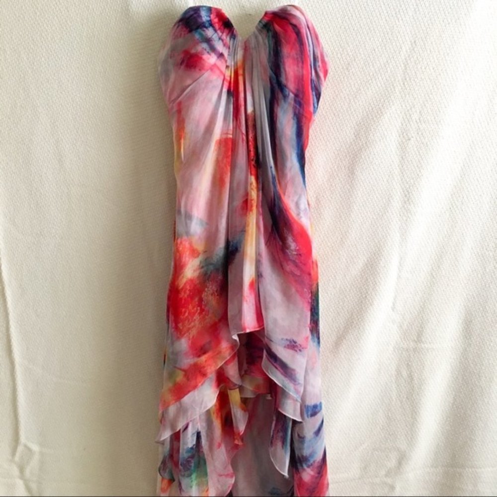 strapless La Femme high low flowy colorful dress